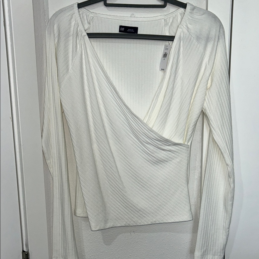 GAP women’s long sleeve Cream Ribbed Wrap Blouse Office career wear casual fall